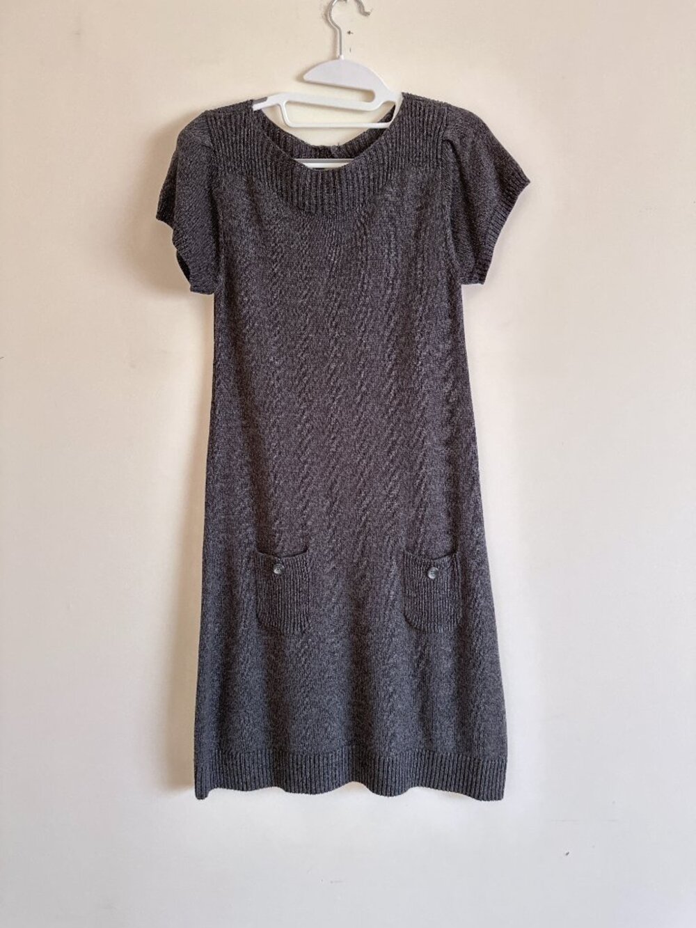 Grey Short-Sleeve Sweater Knit Cotton-Blend Dress